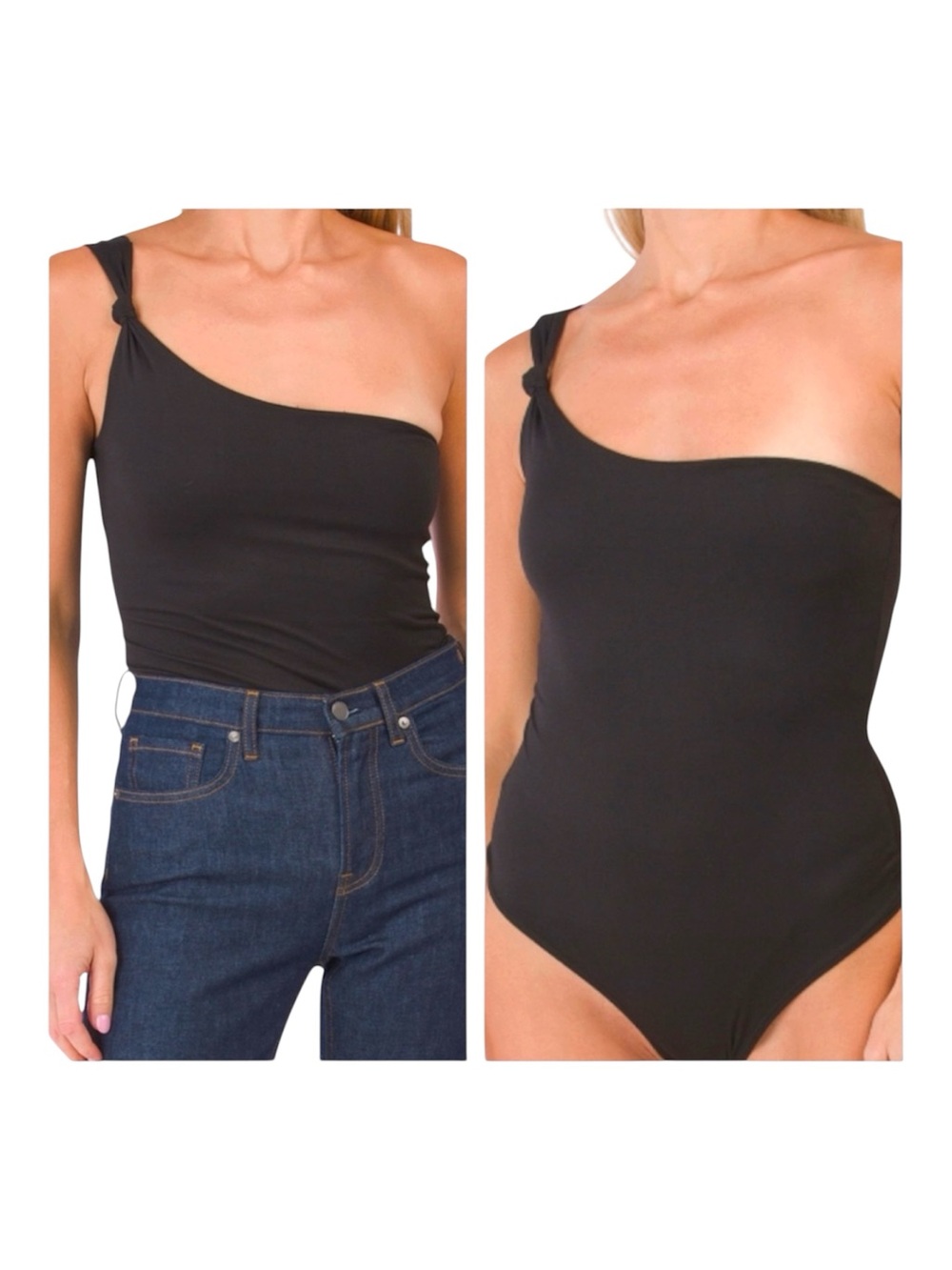 Gaze Bodysuit One Shoulder Knotted Asymmetrical Sleeveless Thong Black XS NWT